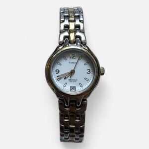 Vintage Timex Silver and Gold Watch with White Dial